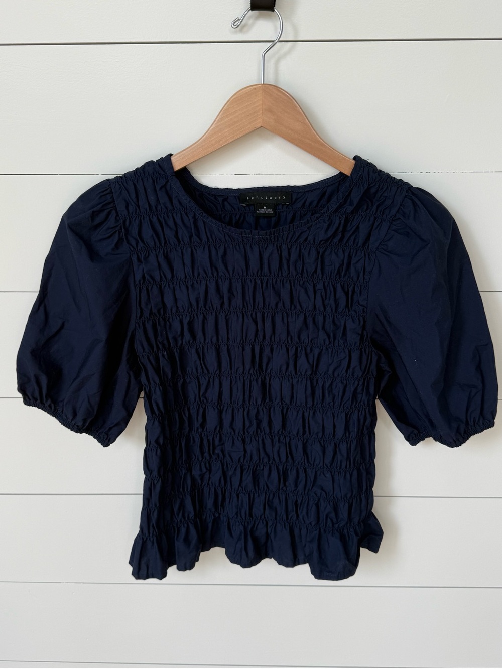 Sanctuary Nanette Puff Sleeves Smocked Crop Blue Violet Navy Medium
